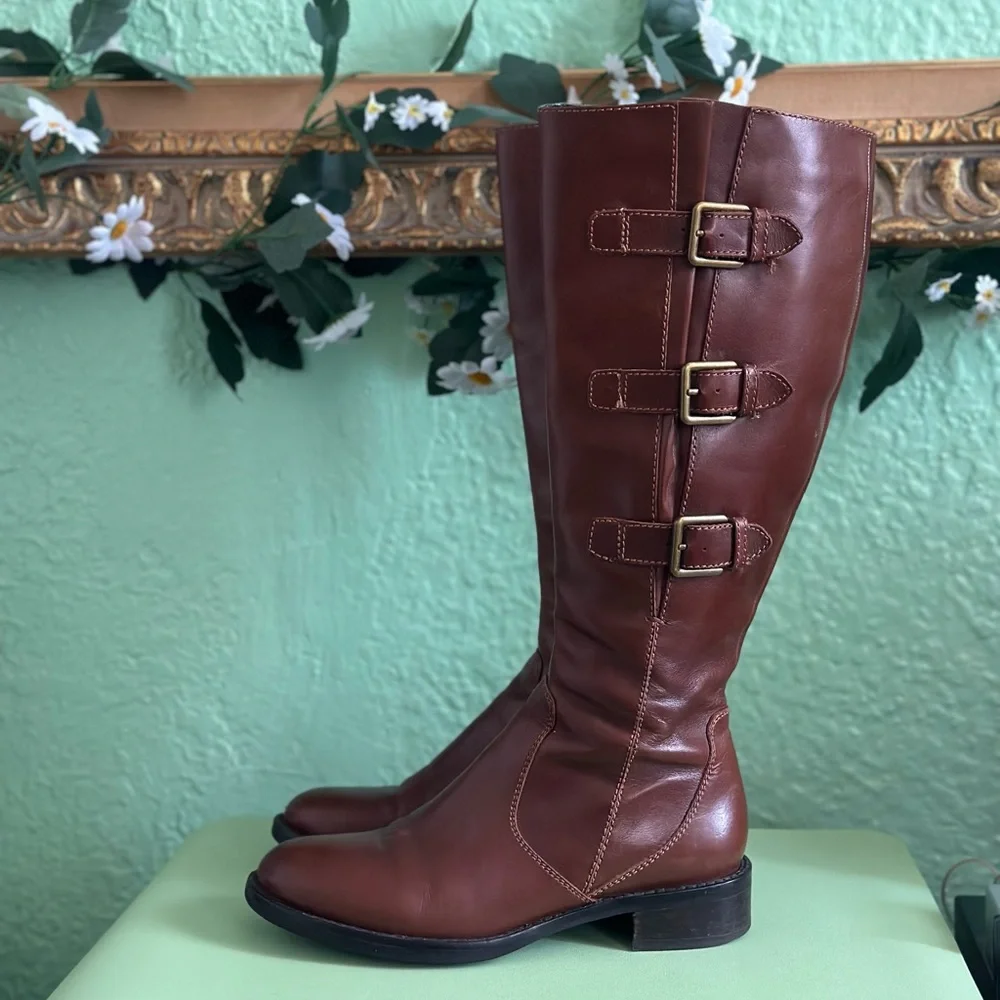 Ecco Hobart Brown Leather Knee High Riding Buckle Boots sz 36 5-5.5